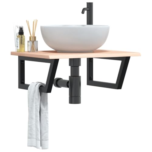 ULUYYUC Waschtischplatte mit Stahlhalterung 60x50 cm Massivholz Eiche Schwarz Trapez Badregal Modern Robust 100 kg Belastbar platzsparend für Badezimmer Gäste WC von ULUYYUC