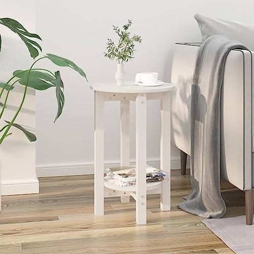 ULUYYUC Weißer Couchtisch Rund Ø40x60cm Massivholz Kiefer Beistelltisch mit Offenem Regal für Wohnzimmer von ULUYYUC