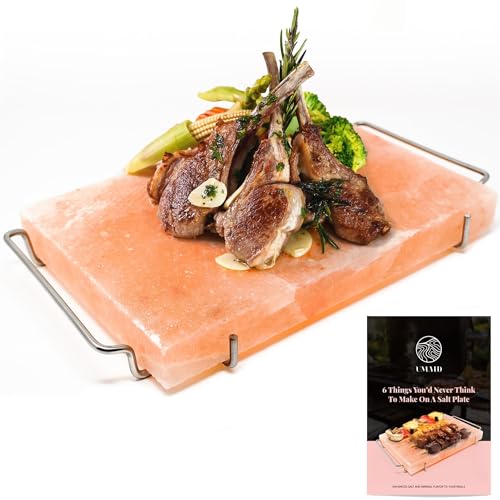 UMAID Natürliche Himalaya-Salzblock- Kochplatte zum Kochen, Salz in Lebensmittelqualität mit Edelstahl-Tablett-Set mit Rezeptbroschüre Natürlicher Himalaya-Salzblock 12 x 8 x 1,5 von UMAID