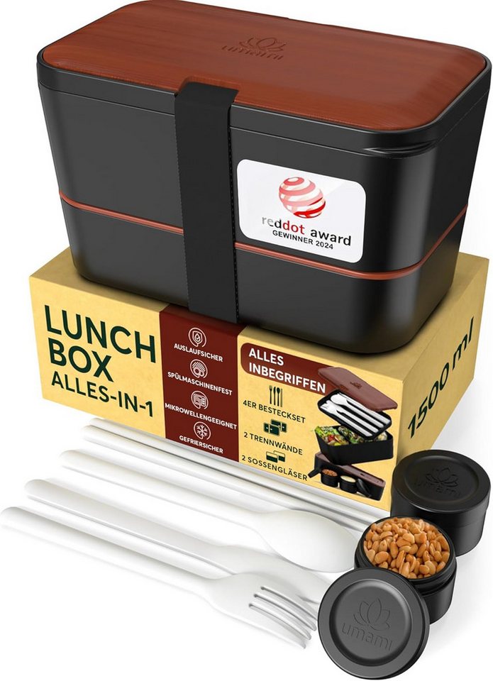 UMAMI Lunchbox Bento für Erwachsene mit Besteck und 2 Saucenbehältern, (Inkl. Zubehör Brotdose mit Fächern für Meal Prep), als Brotdosen für Salat, Snack Bento Box, Auslaufsichere Brotdose von UMAMI
