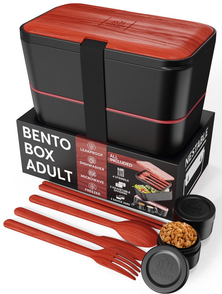 UMAMI Lunchbox Bento für Erwachsene mit Besteck und 2 Saucenbehältern, (Inkl. Zubehör Brotdose mit Fächern für Meal Prep), als Brotdosen für Salat, Snack Bento Box, Auslaufsichere Brotdose von UMAMI