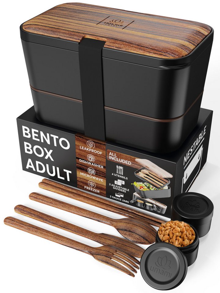 UMAMI Lunchbox Bento für Erwachsene mit Besteck und 2 Saucenbehältern, (Inkl. Zubehör Brotdose mit Fächern für Meal Prep), als Brotdosen für Salat, Snack Bento Box, Auslaufsichere Brotdose von UMAMI