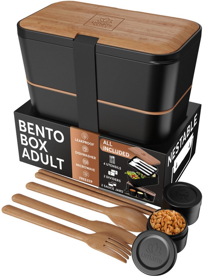 UMAMI Lunchbox Bento für Erwachsene mit Besteck und 2 Saucenbehältern, (Inkl. Zubehör Brotdose mit Fächern für Meal Prep), als Brotdosen für Salat, Snack Bento Box, Auslaufsichere Brotdose von UMAMI