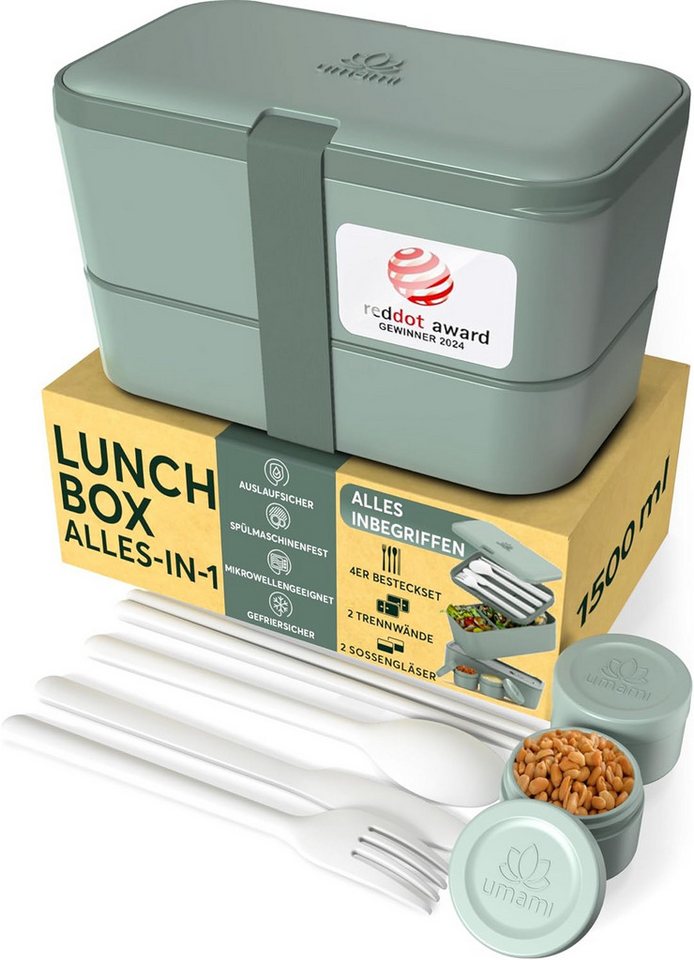 UMAMI Lunchbox Bento für Erwachsene mit Besteck und 2 Saucenbehältern, (Inkl. Zubehör Brotdose mit Fächern für Meal Prep), als Brotdosen für Salat, Snack Bento Box, Auslaufsichere Brotdose von UMAMI