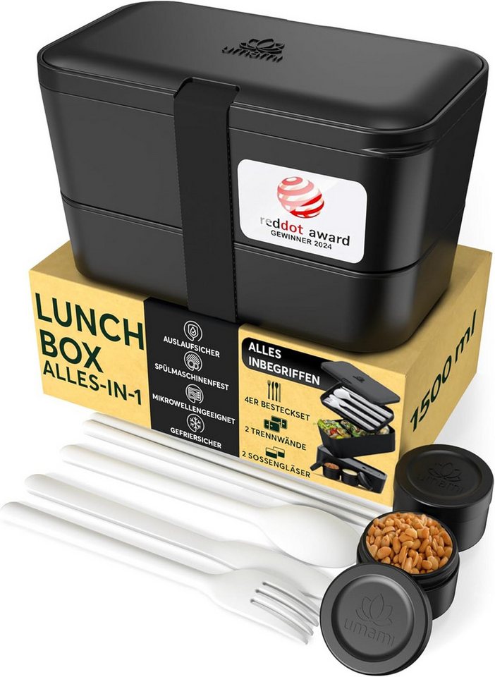 UMAMI Lunchbox Bento für Erwachsene mit Besteck und 2 Saucenbehältern, (Inkl. Zubehör Brotdose mit Fächern für Meal Prep), als Brotdosen für Salat, Snack Bento Box, Auslaufsichere Brotdose von UMAMI