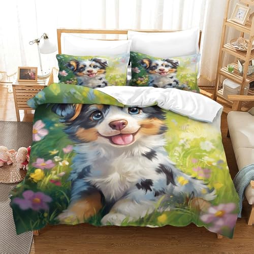 UMASQOPAM AUSTRALISCHER SCH?FERHUND 3D Gedruckter Bettbezug Set M?dchen Junge Kinder Bettw?schegarnitur Weich Microfaser Bettw?sche Reissverschluss Und Kissenbezüge 3 Teilig Double（200x200cm） von UMASQOPAM