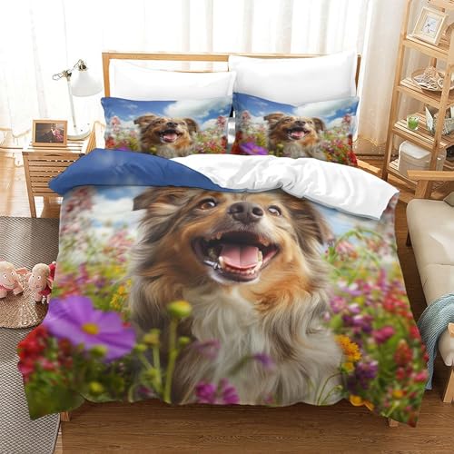UMASQOPAM Australian Shepherd Bettbezug Set M?dchen Junge Kinder Bettw?schegarnitur 3D Gedruckter Bettw?sche Weich Microfaser Und Kissenbezüge Reissverschluss 3 Teilig Single（140x200cm） von UMASQOPAM