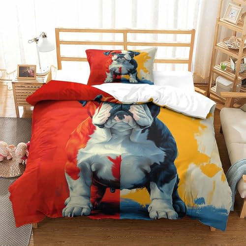 UMASQOPAM Bulldogge 3D Gedruckter M?dchen Junge Kinder Bettbezug Set Bettw?schegarnitur Reissverschluss Und Kissenbezüge Weich Microfaser Bettw?sche 2 Teilig Single（135x200cm） von UMASQOPAM