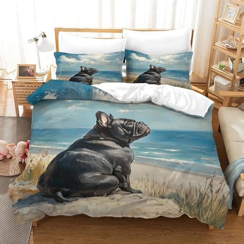UMASQOPAM Bulldogge Bettbezug Set 3D Gedruckter Bettw?schegarnitur M?dchen Junge Kinder Reissverschluss Und Kissenbezüge Weich Microfaser Bettw?sche 3 Teilig Double（200x200cm） von UMASQOPAM