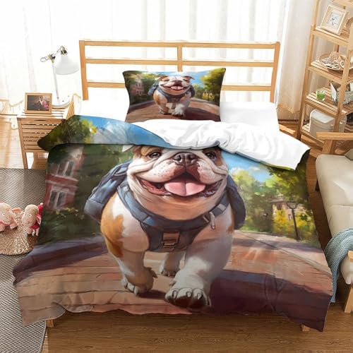 UMASQOPAM Bulldogge Bettbezug Set 3D Gedruckter M?dchen Junge Kinder Bettw?schegarnitur Weich Microfaser Reissverschluss Und Kissenbezüge Bettw?sche 2 Teilig Single（135x200cm） von UMASQOPAM