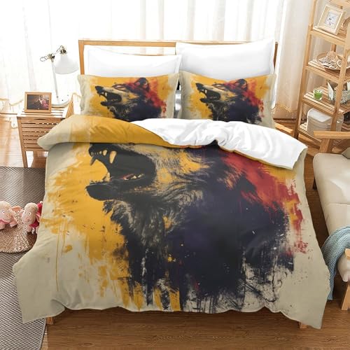 UMASQOPAM Bunter Wolf Bettw?schegarnitur Bettbezug Set Für Kinder M?dchen Jungen 3D Gedruckter Weich Microfaser Und Kissenbezüge Reissverschluss Bettw?sche 3 Teilig King（220x240cm） von UMASQOPAM