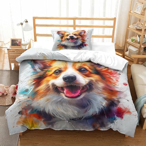 UMASQOPAM Corgi Bettbezug Set 3D Gedruckter M?dchen Junge Kinder Bettw?schegarnitur Weich Microfaser Und Kissenbezüge Reissverschluss Bettw?sche 2 Teilig Single（135x200cm） von UMASQOPAM