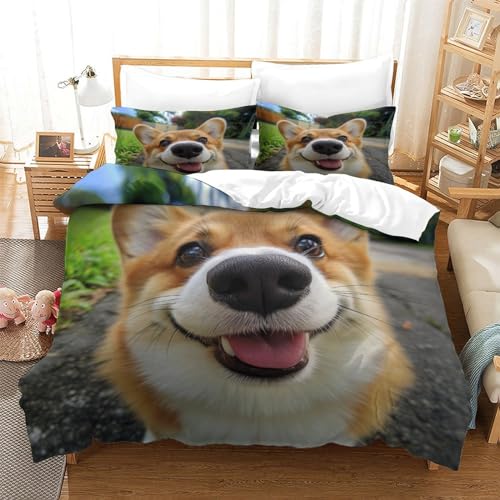 UMASQOPAM Corgi Bettw?schegarnitur 3D Gedruckter Bettbezug Set M?dchen Junge Kinder Weich Microfaser Und Kissenbezüge Reissverschluss Bettw?sche 3 Teilig Double（200x200cm） von UMASQOPAM