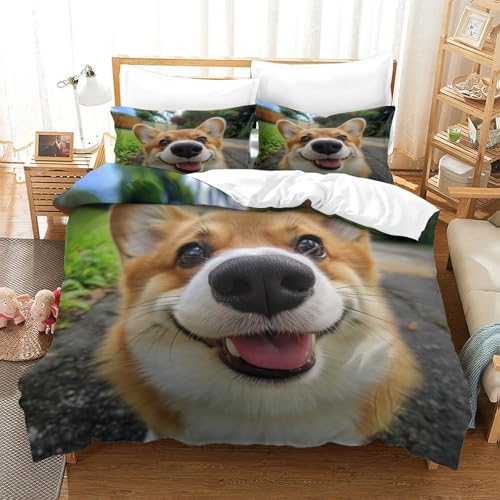 UMASQOPAM Corgi Bettw?schegarnitur 3D Gedruckter Für Kinder M?dchen Jungen Bettbezug Set Bettw?sche Reissverschluss Weich Microfaser Und Kissenbezüge 3 Teilig Single（140x200cm） von UMASQOPAM