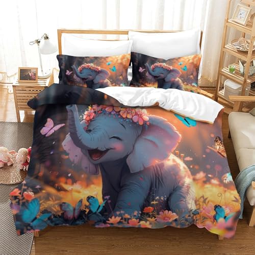 UMASQOPAM Elefant 3D Gedruckter Bettbezug Set M?dchen Junge Kinder Bettw?schegarnitur Weich Microfaser Bettw?sche Reissverschluss Und Kissenbezüge 3 Teilig Single（140x200cm） von UMASQOPAM