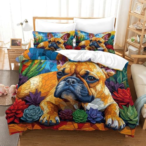 UMASQOPAM French Bulldog 3D Gedruckter Bettw?schegarnitur Für Kinder M?dchen Jungen Bettbezug Set Weich Microfaser Und Kissenbezüge Bettw?sche Reissverschluss 3 Teilig Single（140x200cm） von UMASQOPAM