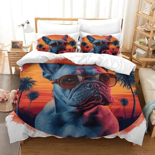 UMASQOPAM French Bulldog Bettbezug Set 3D Gedruckter M?dchen Junge Kinder Bettw?schegarnitur Reissverschluss Weich Microfaser Und Kissenbezüge Bettw?sche 3 Teilig Single（140x200cm） von UMASQOPAM