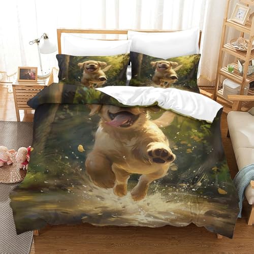 UMASQOPAM Golden Retriever 3D Gedruckter Bettw?schegarnitur Für Kinder M?dchen Jungen Bettbezug Set Weich Microfaser Und Kissenbezüge Bettw?sche Reissverschluss 3 Teilig Single（140x200cm） von UMASQOPAM