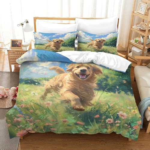 UMASQOPAM Golden Retriever Bettbezug Set 3D Gedruckter M?dchen Junge Kinder Bettw?schegarnitur Weich Microfaser Und Kissenbezüge Reissverschluss Bettw?sche 3 Teilig Single（140x200cm） von UMASQOPAM