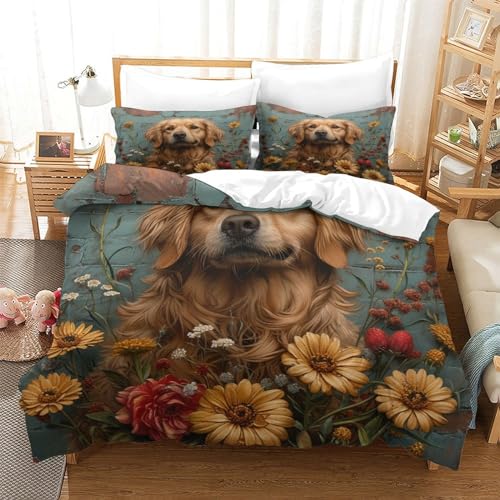 UMASQOPAM Golden Retriever Bettw?schegarnitur 3D Gedruckter Bettbezug Set M?dchen Junge Kinder Weich Microfaser Und Kissenbezüge Reissverschluss Bettw?sche 3 Teilig Double（200x200cm） von UMASQOPAM