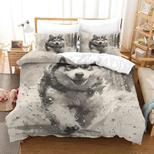 UMASQOPAM Husky Bettw?schegarnitur 3D Gedruckter Bettbezug Set M?dchen Junge Kinder Bettw?sche Und Kissenbezüge Reissverschluss Weich Microfaser 3 Teilig Double（200x200cm） von UMASQOPAM