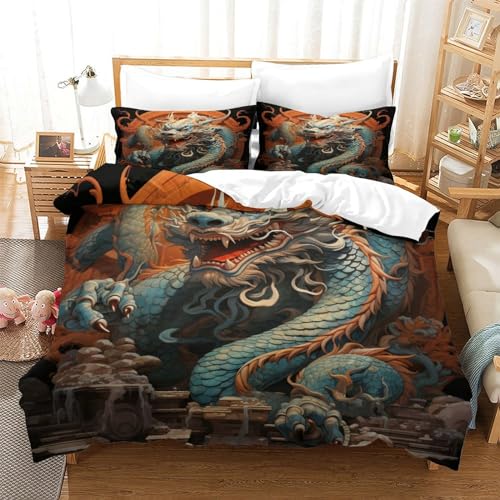 UMASQOPAM Orientalischer Drache 3D Gedruckter Bettw?schegarnitur Für Kinder M?dchen Jungen Bettbezug Set Und Kissenbezüge Bettw?sche Weich Microfaser Reissverschluss 3 Teilig Double（200x200cm） von UMASQOPAM