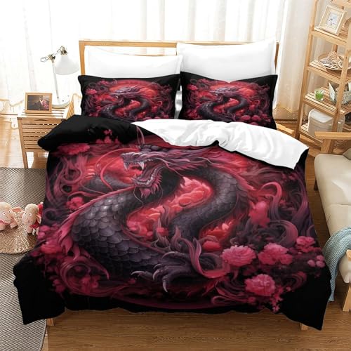 UMASQOPAM Red Drache M?dchen Junge Kinder Bettw?schegarnitur Bettbezug Set 3D Gedruckter Bettw?sche Und Kissenbezüge Reissverschluss Weich Microfaser 3 Teilig King（220x240cm） von UMASQOPAM