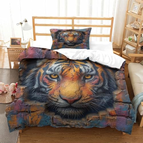 UMASQOPAM Tiger Bettw?schegarnitur Bettbezug Set Für Kinder M?dchen Jungen 3D Gedruckter Bettw?sche Und Kissenbezüge Weich Microfaser Reissverschluss 2 Teilig Single（135x200cm） von UMASQOPAM
