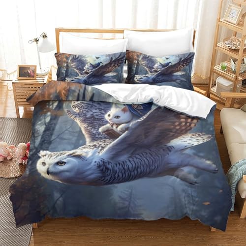 UMASQOPAM White Eule Bettw?schegarnitur Bettbezug Set 3D Gedruckter M?dchen Junge Kinder Weich Microfaser Bettw?sche Reissverschluss Und Kissenbezüge 3 Teilig King（220x240cm） von UMASQOPAM