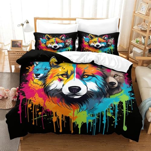 UMASQOPAM Wolf 3D Gedruckter Für Kinder M?dchen Jungen Bettw?schegarnitur Bettbezug Set Bettw?sche Und Kissenbezüge Reissverschluss Weich Microfaser 3 Teilig Double（200x200cm） von UMASQOPAM