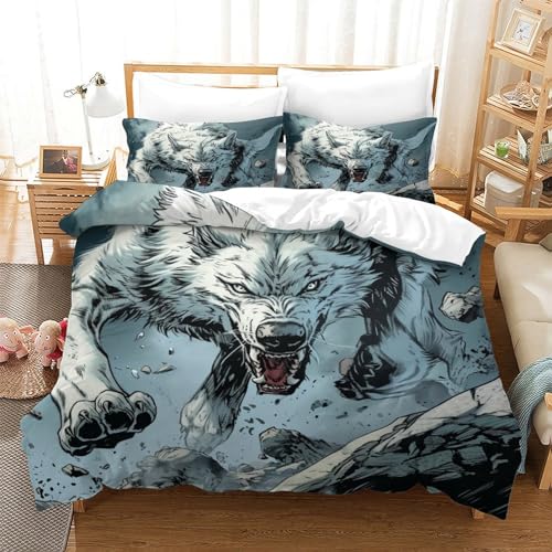 UMASQOPAM Wolf 3D Gedruckter Für Kinder M?dchen Jungen Bettw?schegarnitur Bettbezug Set Bettw?sche Und Kissenbezüge Reissverschluss Weich Microfaser 3 Teilig Double（200x200cm） von UMASQOPAM