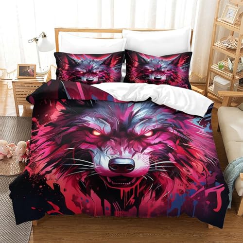 UMASQOPAM Wolf Bettbezug Set 3D Gedruckter M?dchen Junge Kinder Bettw?schegarnitur Reissverschluss Weich Microfaser Und Kissenbezüge Bettw?sche 3 Teilig King（220x240cm） von UMASQOPAM