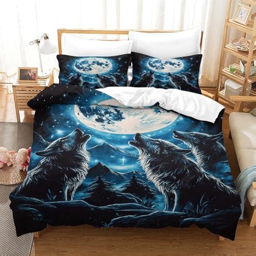 UMASQOPAM Wolf Bettbezug Set M?dchen Junge Kinder Bettw?schegarnitur 3D Gedruckter Weich Microfaser Und Kissenbezüge Bettw?sche Reissverschluss 3 Teilig Double（200x200cm） von UMASQOPAM