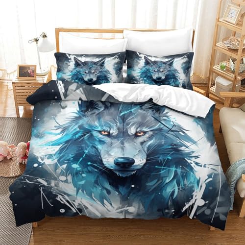 UMASQOPAM Wolf Bettw?schegarnitur Bettbezug Set 3D Gedruckter Für Kinder M?dchen Jungen Weich Microfaser Bettw?sche Und Kissenbezüge Reissverschluss 3 Teilig Single（140x200cm） von UMASQOPAM