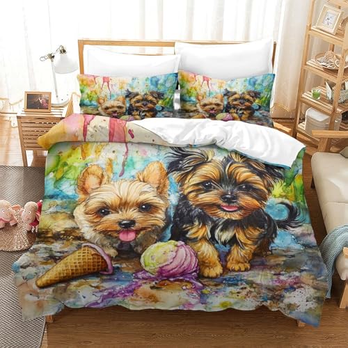 UMASQOPAM Yorkshire Terrier Bettw?schegarnitur Bettbezug Set 3D Gedruckter M?dchen Junge Kinder Weich Microfaser Bettw?sche Reissverschluss Und Kissenbezüge 3 Teilig Double（200x200cm） von UMASQOPAM