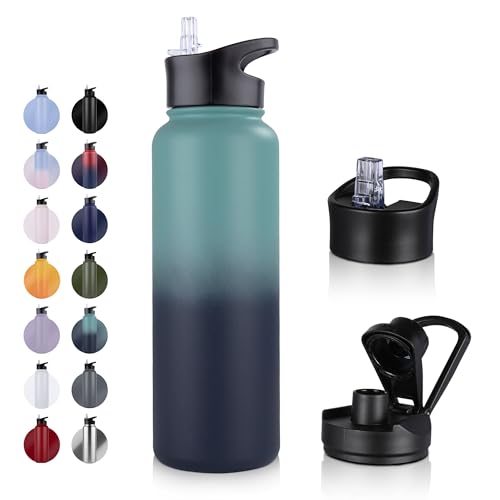 UMBFUN Edelstahl Trinkflasche - 1.2L - mit Strohhalm,Auslaufsicher,Kohlensäure Geeignet,BPA frei Thermosflasche(+2 Deckel) Vakuum Doppelwandisolierung für Sport,Reisen,Camping,Schule,Fahrrad,Gym von UMBFUN