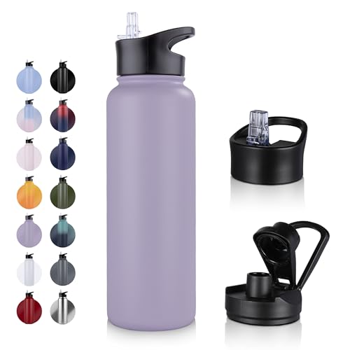 UMBFUN Edelstahl Trinkflasche - 1.2L - mit Strohhalm,Auslaufsicher,Kohlensäure Geeignet,BPA frei Thermosflasche(+2 Deckel) Vakuum Doppelwandisolierung für Sport,Reisen,Camping,Schule,Fahrrad,Gym von UMBFUN