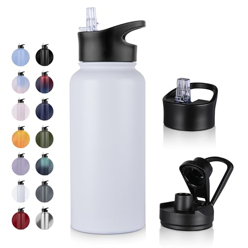 UMBFUN Edelstahl Trinkflasche - 1L - mit Strohhalm,Auslaufsicher,Kohlensäure Geeignet,BPA frei Thermosflasche(+2 Deckel) Vakuum Doppelwandisolierung für Sport,Reisen,Camping,Schule,Fahrrad,Gym von UMBFUN