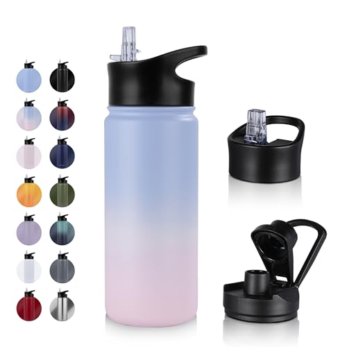 UMBFUN Edelstahl Trinkflasche - 500ml - mit Strohhalm,Auslaufsicher,Kohlensäure Geeignet,BPA frei Thermosflasche(+2 Deckel) Vakuum Doppelwandisolierung für Sport,Reisen,Camping,Schule,Fahrrad,Gym von UMBFUN