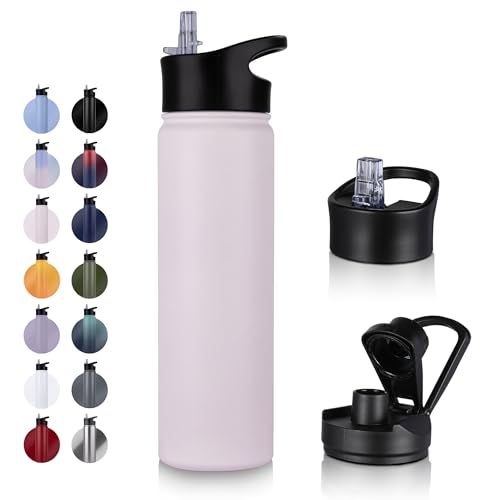 UMBFUN Edelstahl Trinkflasche - 750ml - mit Strohhalm,Auslaufsicher,Kohlensäure Geeignet,BPA frei Thermosflasche(+2 Deckel) Vakuum Doppelwandisolierung für Sport,Reisen,Camping,Schule,Fahrrad,Gym von UMBFUN
