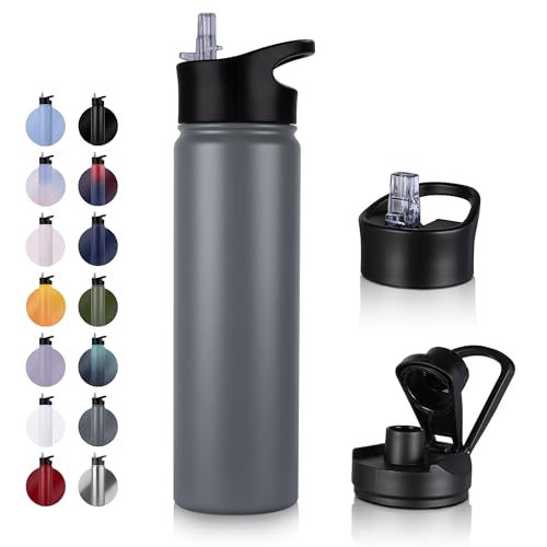 UMBFUN Edelstahl Trinkflasche - 750ml - mit Strohhalm,Auslaufsicher,Kohlensäure Geeignet,BPA frei Thermosflasche(+2 Deckel) Vakuum Doppelwandisolierung für Sport,Reisen,Camping,Schule,Fahrrad,Gym von UMBFUN