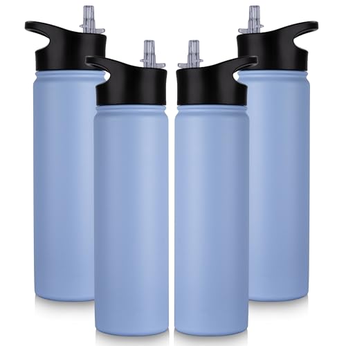 UMBFUN Edelstahl Trinkflasche - 750ml - mit Strohhalm,Auslaufsicher,Kohlensäure Geeignet,BPA frei Thermosflasche(+2 Deckel)Vakuum Doppelwandisolierung für Sport,Reisen,Camping,Schule,Fahrrad,(4er Set) von UMBFUN