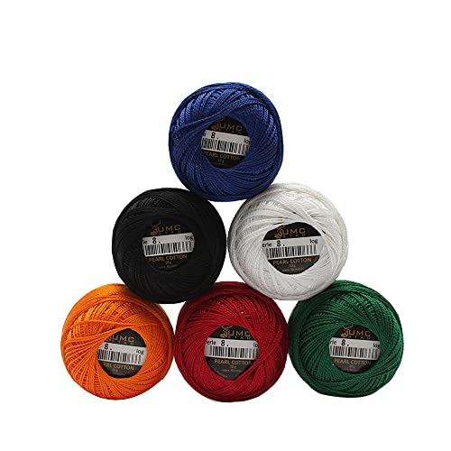 UMC STAG 6 Knäuel 6 essentielle Farben, Premium-Perl-Baumwoll-Stickgarn, Größe 8, 100 % ägyptische Baumwolle, Häkelgarn, Kreuzstich-Stickgarn, Oeko TEX zertifiziert, 10 g/Knäuel (Mix Essential) von UMC STAG