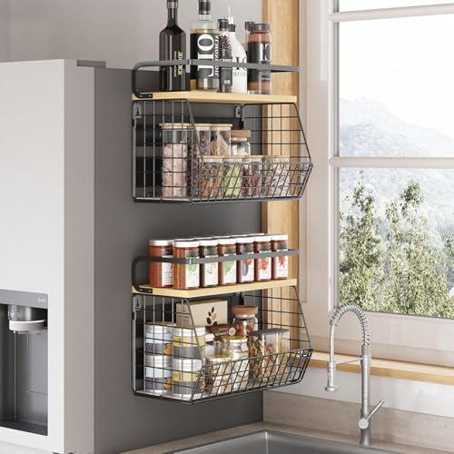 UMDONX 2 Stück Obstkorb Hängend Wand Magnetisch Obstschale Metall Gemüse Aufbewahrung Obst Etagere mit Holzdecke Obstregal(Schwarz) von UMDONX