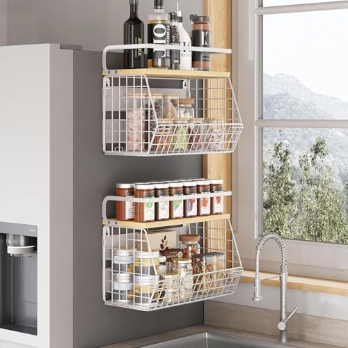 UMDONX 2 Stück Obstkorb Hängend Wand Magnetisch Obstschale Metall Gemüse Aufbewahrung Obst Etagere mit Holzdecke Obstregal(Weiß) von UMDONX
