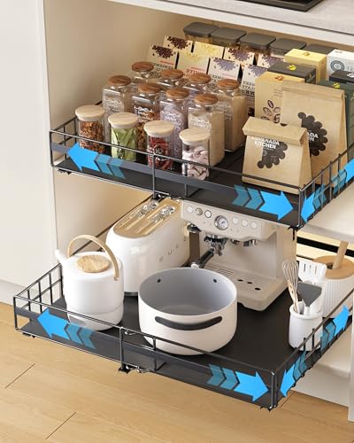 UMDONX 2 Stück Teleskopschublade Schubladen Organizer Erweiterbar Ausziehbare Aufbewahrungsregale mit Klebstoff für Küchenschränke Küchenschubladen Organizer zum Herausziehen(Schwarz) von UMDONX
