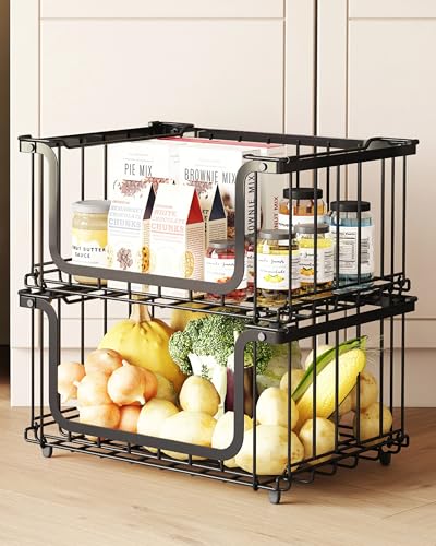 UMDONX 2er Obstkorb Drahtkorb mit Henkel Stapelbar Metallkorb Schwarz 39,5x32,5x20cm Groß Rechteckig Gitterkörbe Aufbewahrungskörbe für Obst und Gemüse von UMDONX