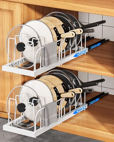 UMDONX Ausziehbare Pfannenhalter, 55CM Tief Erweiterbar Pull Out Topfdeckelhalter Ausziehbar mit 10 verstellbaren Teilern No Drill Topf und Pfanne Halter Rack (2 Pack, weiß) von UMDONX