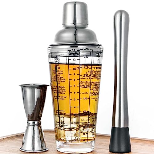 Cocktail Shaker Set mit Rezepten, Glas 400ml Bubble Tea Becher Cocktail Gläser,Cocktail Mixer mit Jigger und Stössel,4cl Messbecher Edelstahl Boston Shaker Bar Zubehör Coktailmixset von UMIKAkitchen