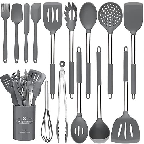 UMIKAkitchen Küchenutensilien-Set, 15-teiliges Silikon-Pfannenset, hitzebeständig, antihaftbeschichtet, BPA-frei, Edelstahlgriff, Pfannenwender, Löffel, Zange, Whisker, Kochgeschirr (Grau) von UMIKAkitchen